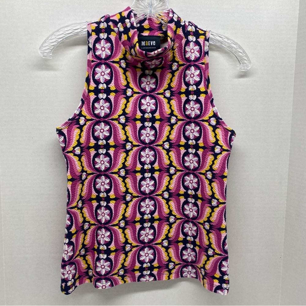 Anthropologie Maeve Top Size XS High/Mock Neck Sleeveless Pullover Groovy Floral